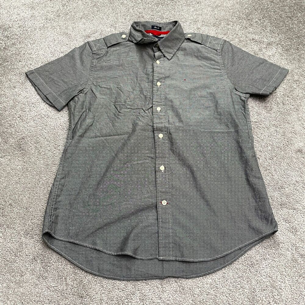 Tommy Hilfiger Slim Fit Shirt Mens Medium Dark Gray Short Sleeve Cotton Casual